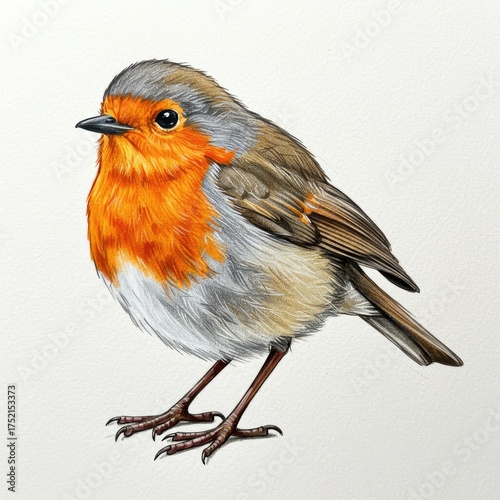 Detailed realistic illustration of a European Robin bird perched on a textured white background showcasing its vibrant orange breast and grey plumage