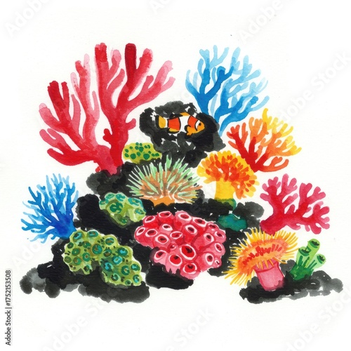 Vibrant Watercolor Illustration of a Coral Reef Ecosystem teeming with diverse marine life including a clownfish nestled among brightly colored