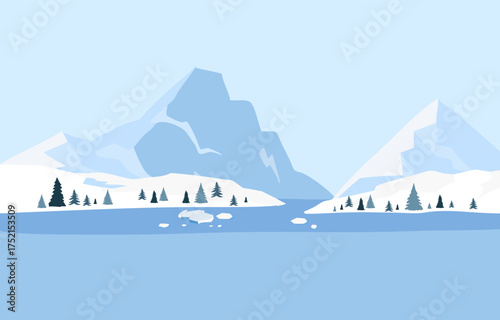 Winter sea ice landscape background with iceberg and blue clear sky mountain