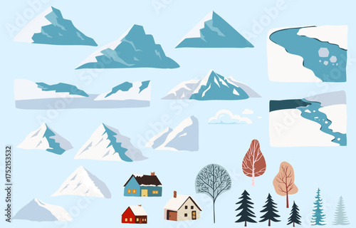 Winter element object with iceberg,house,pine tree, river for seasonal holiday decoration