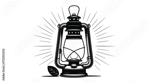 Vintage kerosene lantern with radiating light rays and a small leaf illustration
