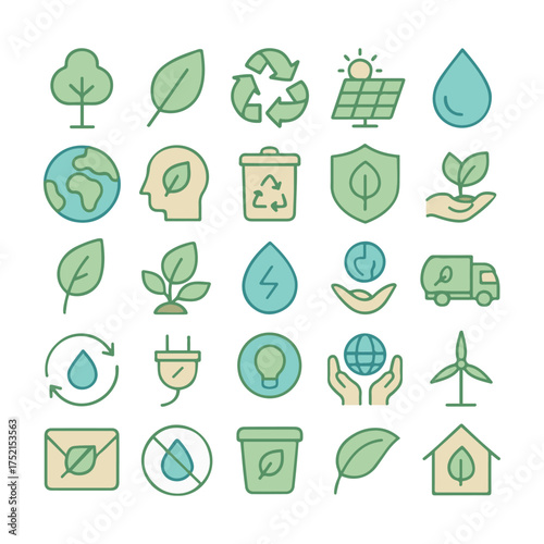 Sustainability and Environment Icons Set – Flat Minimal Vector Design for Ecology and Green Energy