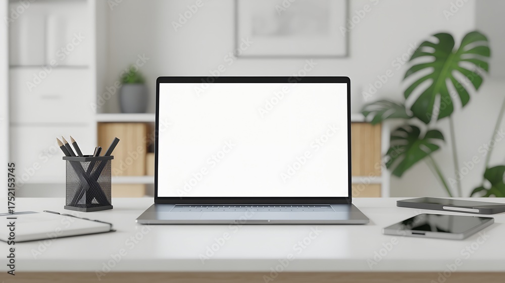 Fototapeta premium Laptop on a desk with office supplies and plants computer.