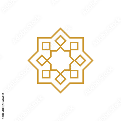Elegant geometric star pattern with gold outlines and square details on a white background. Ornamental decorative design inspired by cultural and architectural motifs for luxury and classic use.