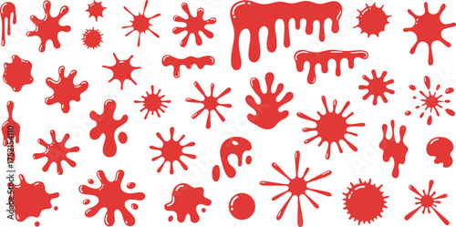 Red paint splashes and dripping stains isolated on white background, realistic splatter texture design for horror and artistic projects
