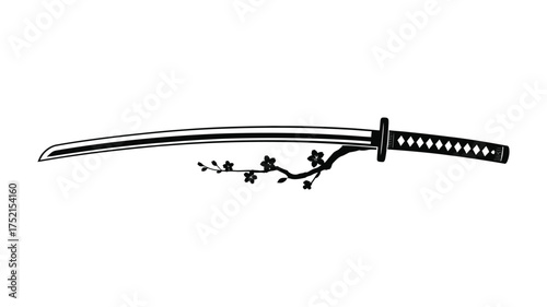 Elegant japanese katana sword with delicate cherry blossom branch illustration