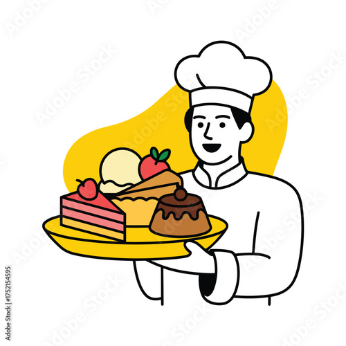 Cartoon chef holding a yellow platter with assorted desserts including cake ice cream and pudding baker