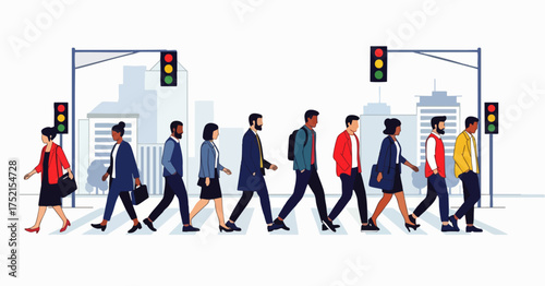 Flat style illustration of various diverse people walking across the street in the middle of an urban city scene, showing daily life, diversity, fashion and city life with traffic lights.