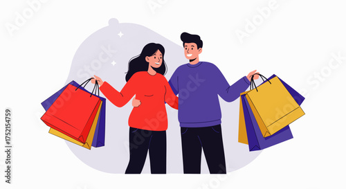 Flat style vector illustration of a happy couple shopping together, holding colorful bags, depicting consumer lifestyle, time together, spending and modern urban lifestyle.