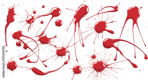 Red paint splashes and dripping stains isolated on white background, realistic splatter texture design for horror and artistic projects