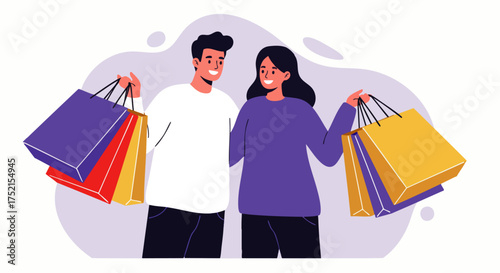 Flat style vector illustration of a happy couple shopping together, holding colorful bags, depicting consumer lifestyle, time together, spending and modern urban lifestyle.