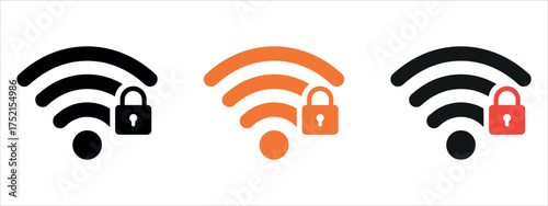 Minimal wifi security icon set in black stroke style. Perfect vector illustration for network protection, wireless connection, cybersecurity, and web interface designs.