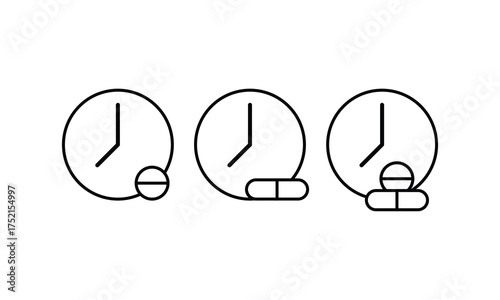 Minimal line illustration showing clocks with pills, symbolizing medication schedule, health reminder, and medical timing concept. Clean modern icon for healthcare, pharmacy, or treatment visuals.