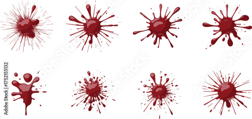 Red paint splashes and 3D liquid droplets isolated on white background, abstract artistic texture design for creative horror or art projects