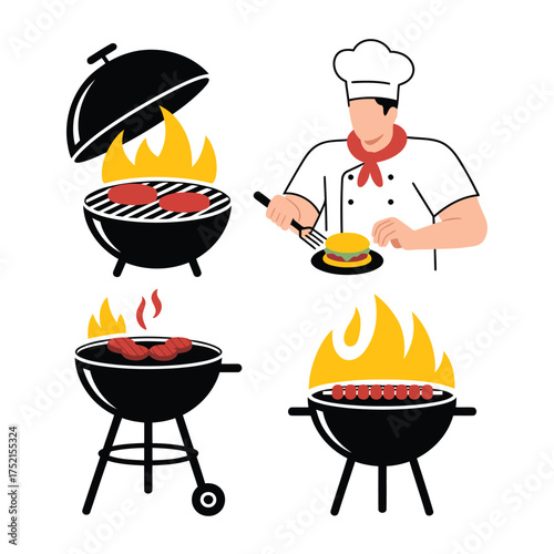 Chef grilling burgers and sausages on black charcoal grills with yellow flames barbecue cooking