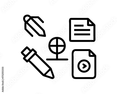 Icon set featuring content creation, strategy, and global targeting