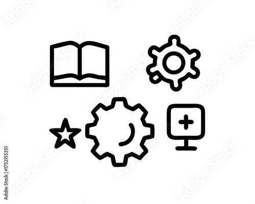 Icon set featuring book, gear, star, and plus sign