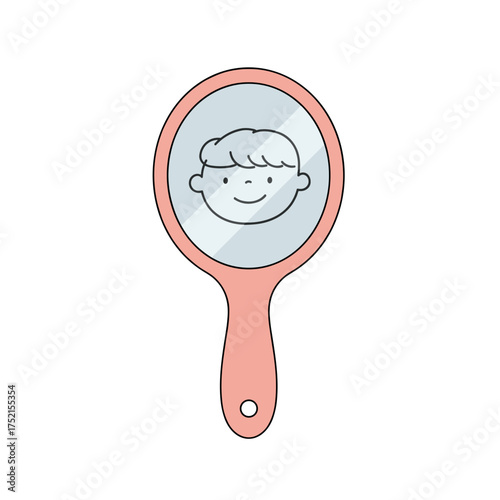 Illustration of a hand mirror reflecting a smiling child's face  ,isolate  