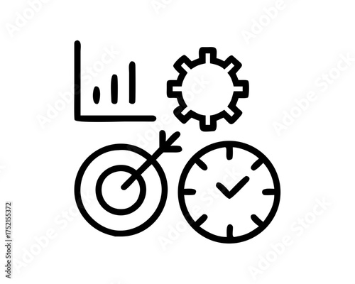 Icon set displaying business strategy, time management, and goal setting isolated on white