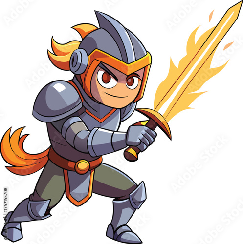 Cartoon Knight with Flaming Sword – Fantasy Vector for Games and Battle Themes