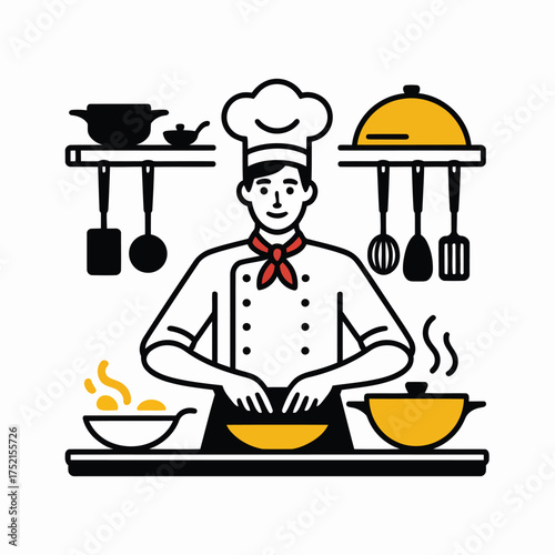 Chef in white uniform preparing food in a kitchen with cooking utensils and pots food preparation