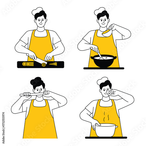 Chef in yellow apron demonstrates cooking steps chopping stirring tasting and serving food preparation