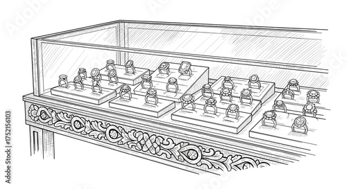 Display of rings with gemstones jewelry showcase engraving sketch hand drawn style black and white vintage illustration vector