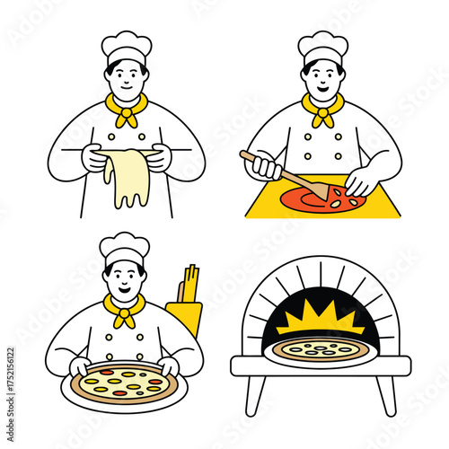 Chef preparing pizza dough spreading sauce and cooking in oven vector