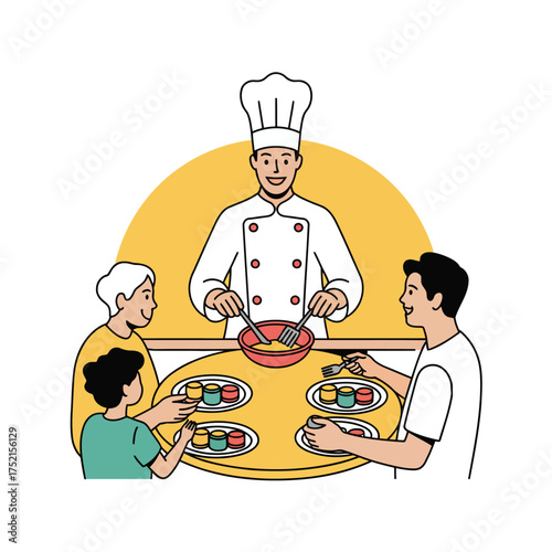 Chef teaching family to prepare food at a round table with yellow background cooking learning