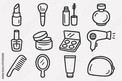 Beauty and cosmetic tools icon set - linear style for skincare and makeup design