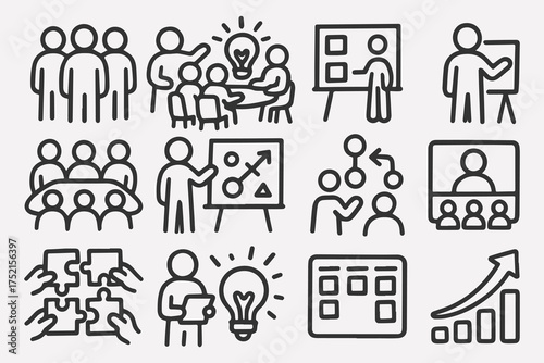 Diverse teamwork and collaboration icons representing various activities and interactions in a business or community setting