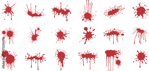 Realistic red splatter collection isolated on white background, dripping paint stains and horror texture design for Halloween art
