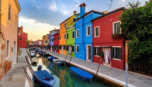 A picturesque European canal scene featuring vibrantly colored houses lining the waterway at golden hour. Boats are docked