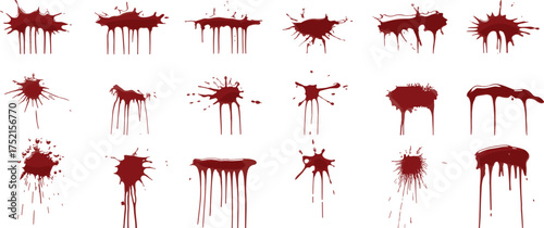 Realistic red splatter collection isolated on white background, dripping paint stains and horror texture design for Halloween art