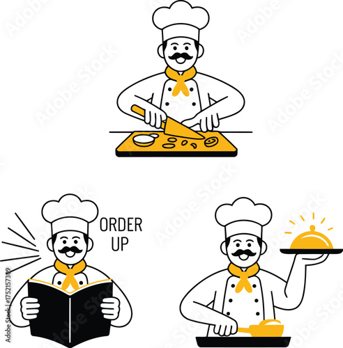 Three cartoon chefs in white hats preparing food ordering and serving dishes cooking kitchen