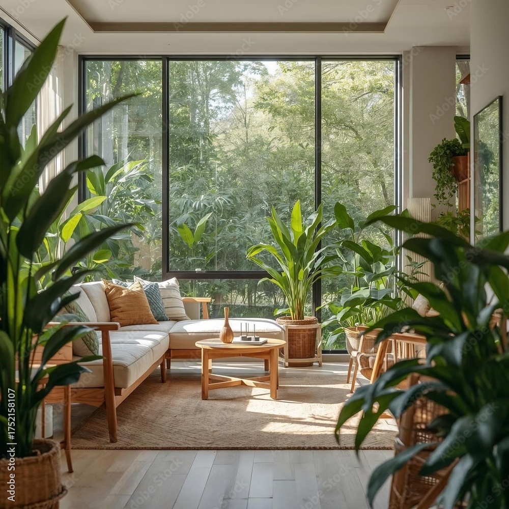 Fototapeta premium Sunlit living room filled with lush green houseplants and large windows overlooking trees