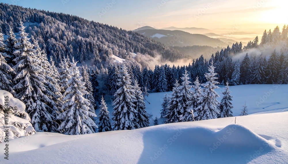 Obraz premium A stunning winter landscape bathed in golden light with snow-covered trees and distant mountains
