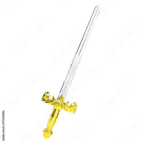 A toy golden sword on a white background.