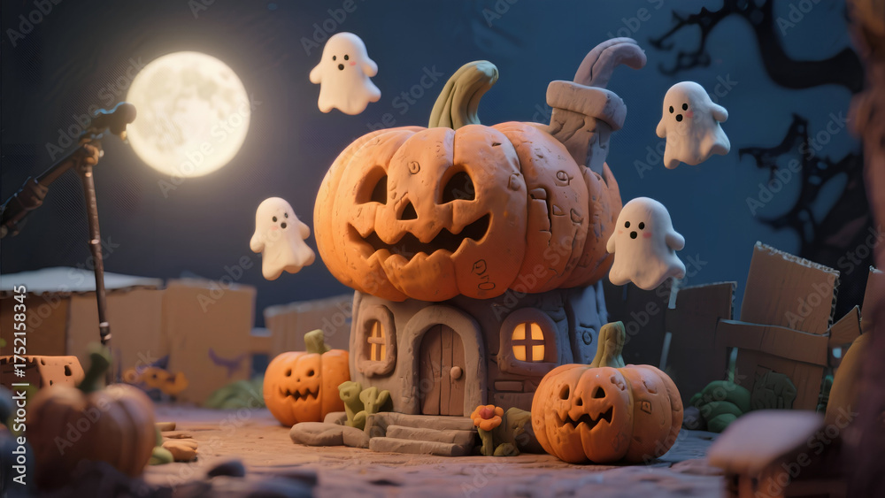 Fototapeta premium Cute clay-style haunted house made of pumpkins, little clay ghosts floating around, moonlight shining softly, spooky but adorable atmosphere, detailed clay modeling, handcrafted style, cinematic shado
