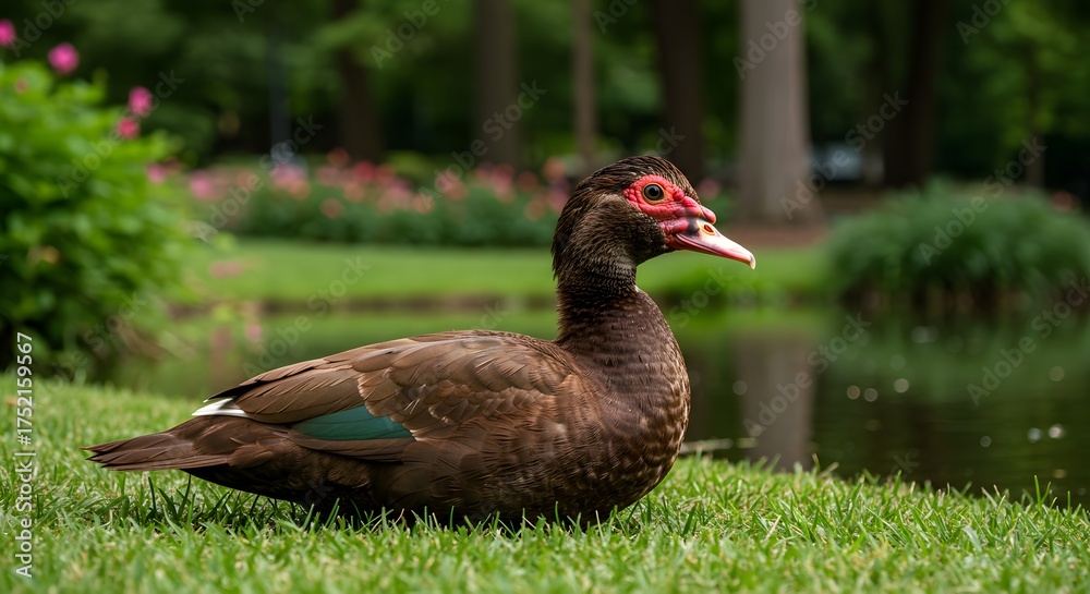 Fototapeta premium A brown duck with red facial features rests on green grass near a pond, background greenery