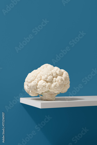 Una coliflor fresca colocada sobre una estantería blanca y sobre un fondo azul.