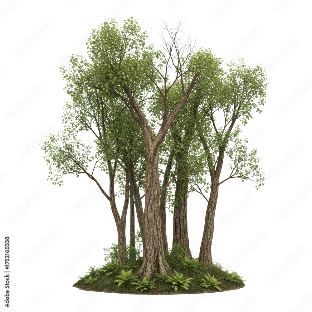 Fototapeta premium Cluster of deciduous trees with green foliage and textured bark grassy mound forest nature