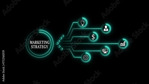 Illuminated marketing strategy diagram on a black background showcasing business growth, customer engagement, financial success, and innovative solutions for a thriving enterprise in the digital age