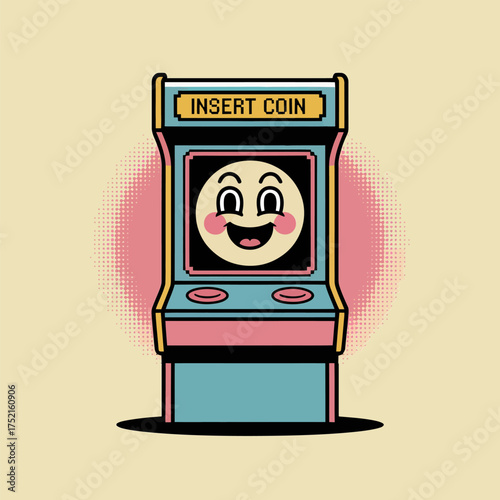 happy arcade cabinet, insert coin banner, smiling screen face, nostalgic game room, retro entertainment machine vector