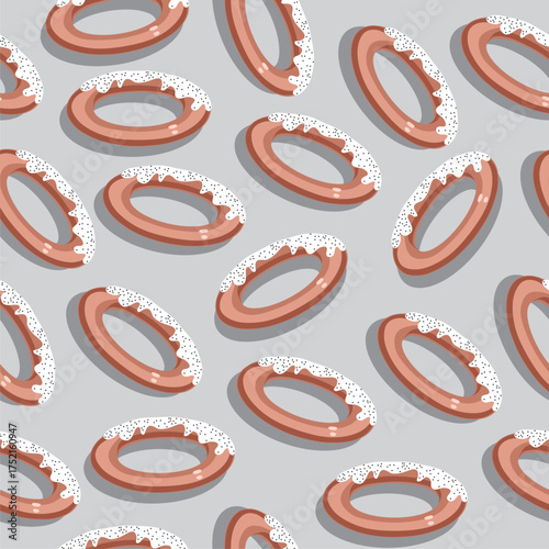 Vector illustration depicting sweet steering wheel with icing and poppy seeds with shadow. Isolated on gray background. Seamless pattern.