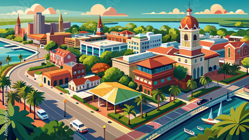 Very beautiful aerial drone view of historic downtown Sanford, Florida, showing colorful streets, charming architecture, and the tranquil lakefront surrounded by lush greenery.
