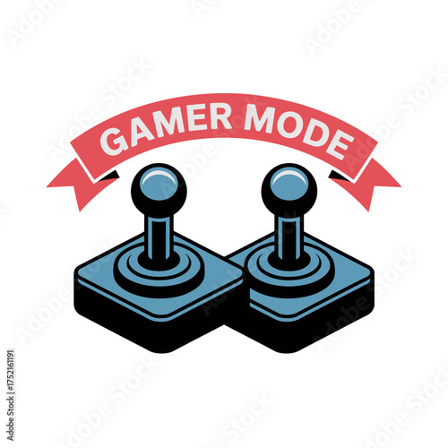 dual arcade joysticks, gamer mode ribbon, competitive challenge vibe, retro tournament badge, fun party gaming vector