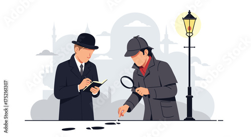 Victorian Era Detectives Investigate Mysterious Footprints on City Street Under Lamplight