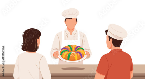 Chef Presents Traditional King Cake to Customers for Mardi Gras Celebration