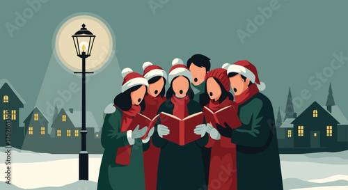 A Group of Carolers Singing in a Snowy Village Scene